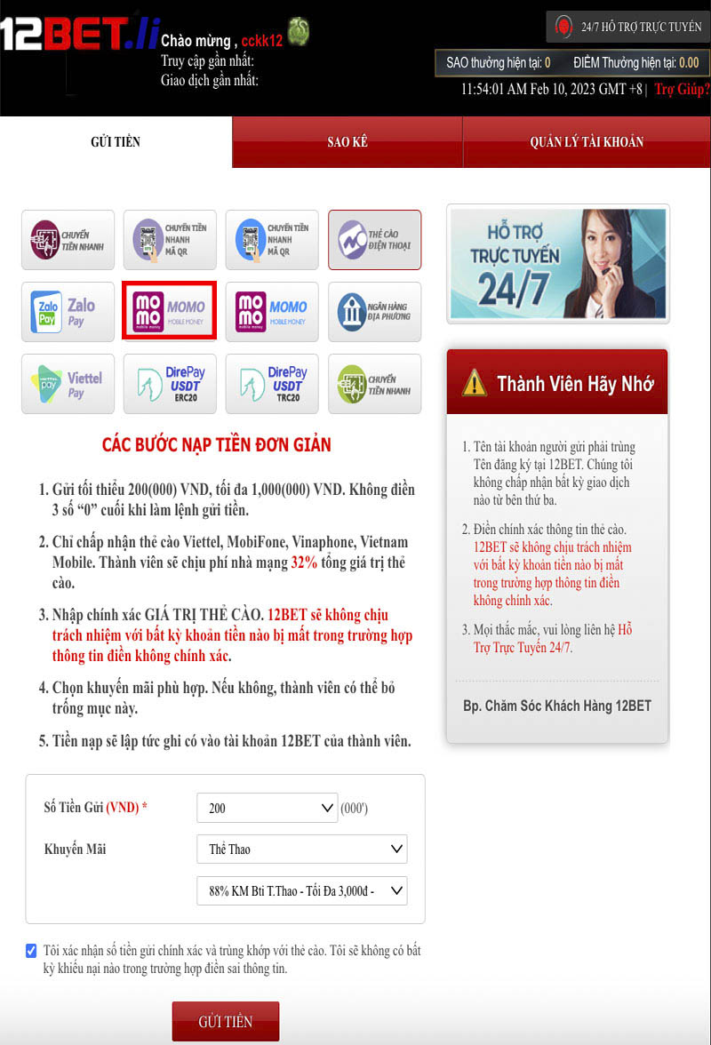 Nạp tiền 12BET